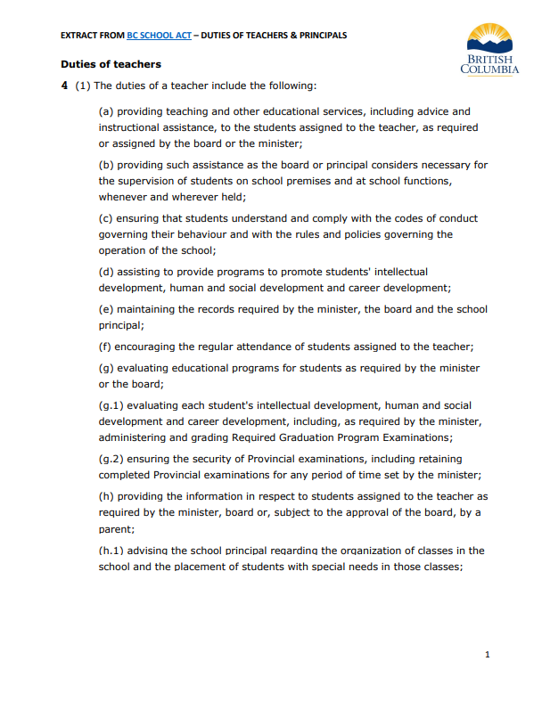 BC School Act: Duties of Teachers and Principals