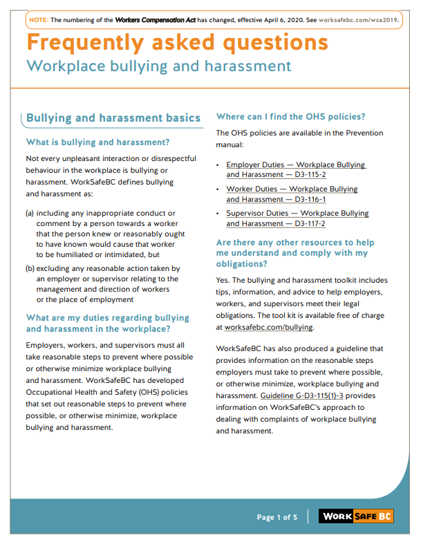 Bullying and Harassment: Worksafe BC FAQ