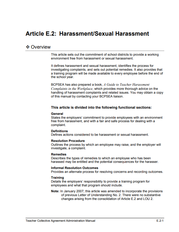 Harassment: Extract from the Teachers Collective Agreement